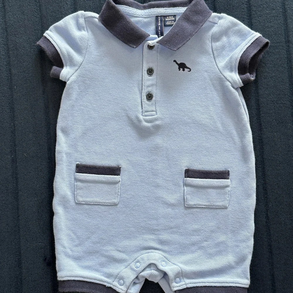 Janie and Jack Light Blue Polo romper with Dinosaur Embroidery 3 to 6 month